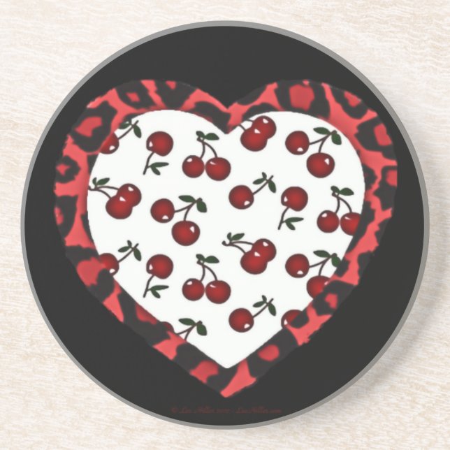 RAB Rockabilly Cherries Leopard Print Heart Drink Coaster (Front)