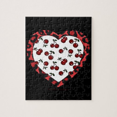 RAB Rockabilly Cherries Leopard Print Heart Jigsaw Puzzle