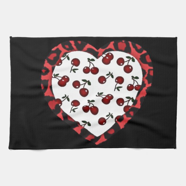 RAB Rockabilly Cherries Leopard Print Heart Kitchen Towel (Horizontal)