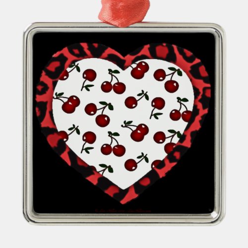RAB Rockabilly Cherries Leopard Print Heart Metal Ornament