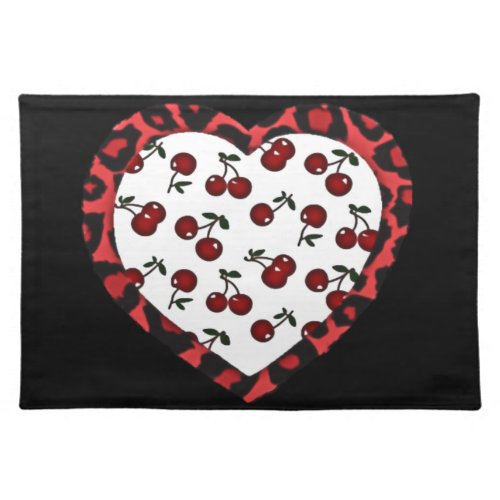 RAB Rockabilly Cherries Leopard Print Heart Placemat