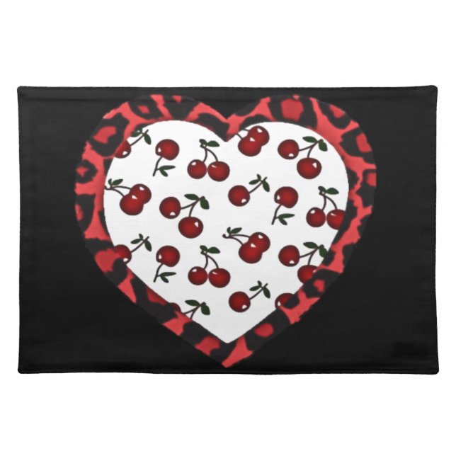RAB Rockabilly Cherries Leopard Print Heart Placemat (Front)