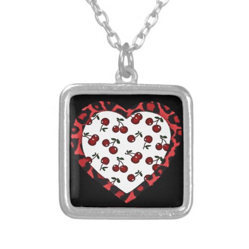 RAB Rockabilly Cherries Leopard Print Heart Silver Plated Necklace