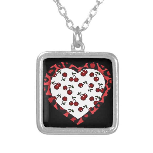 RAB Rockabilly Cherries Leopard Print Heart Silver Plated Necklace (Front)
