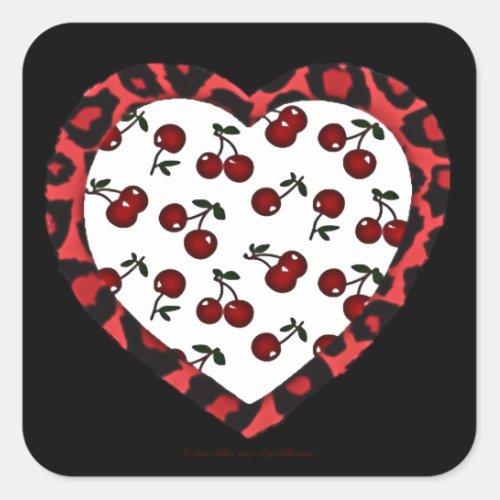 RAB Rockabilly Cherries Leopard Print Heart Square Sticker