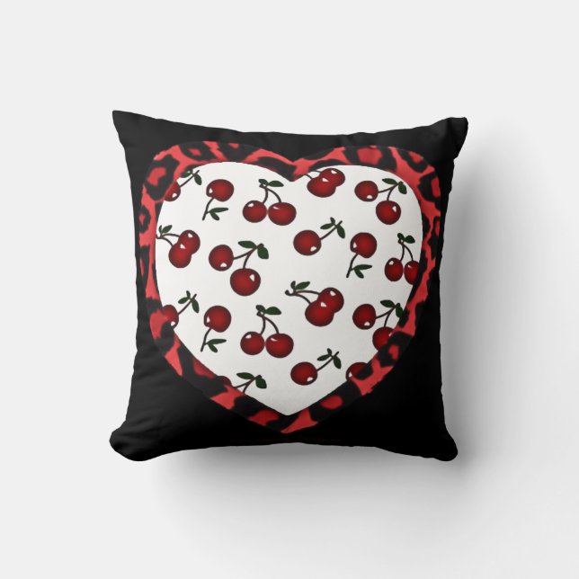 RAB Rockabilly Cherries Leopard Print Heart Throw Pillow (Front)