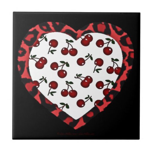 RAB Rockabilly Cherries Leopard Print Heart Tile