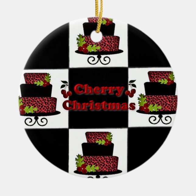 RAB Rockabilly Cherry Christmas Cake Tile Ornament (Front)
