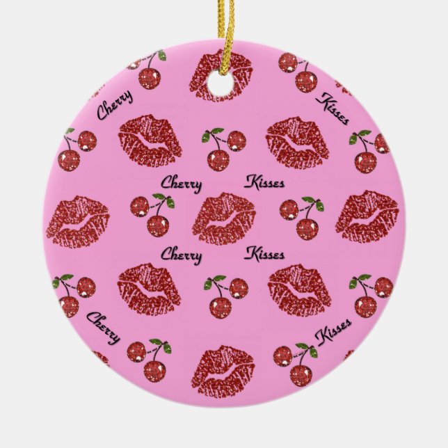RAB Rockabilly Cherry Kisses on Pink Ceramic Ornament (Front)
