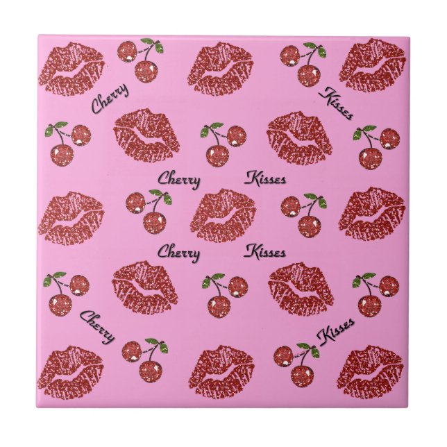 RAB Rockabilly Cherry Kisses on Pink Ceramic Tile (Front)