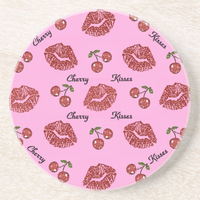 RAB Rockabilly Cherry Kisses on Pink Drink Coaster (Front)