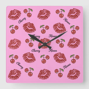 RAB Rockabilly Cherry Kisses on Pink Square Wall Clock