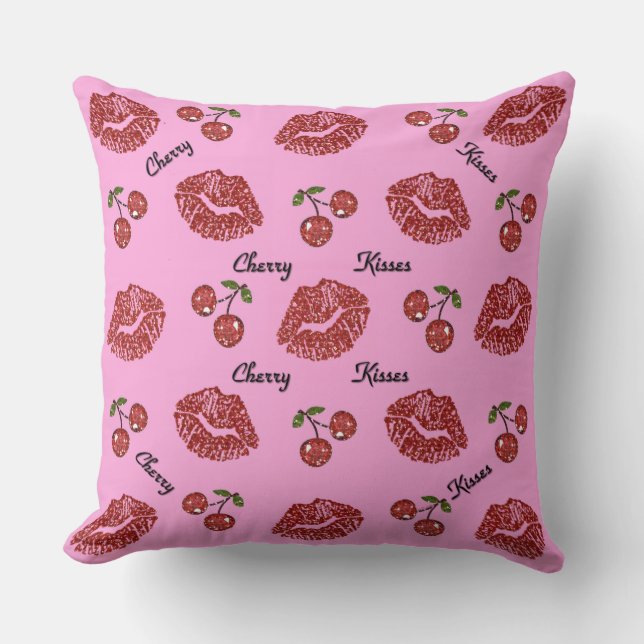 RAB Rockabilly Cherry Kisses on Pink Throw Pillow (Front)