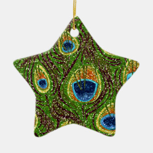 RAB Rockabilly Colorful Peacock Feathers Print Ceramic Ornament