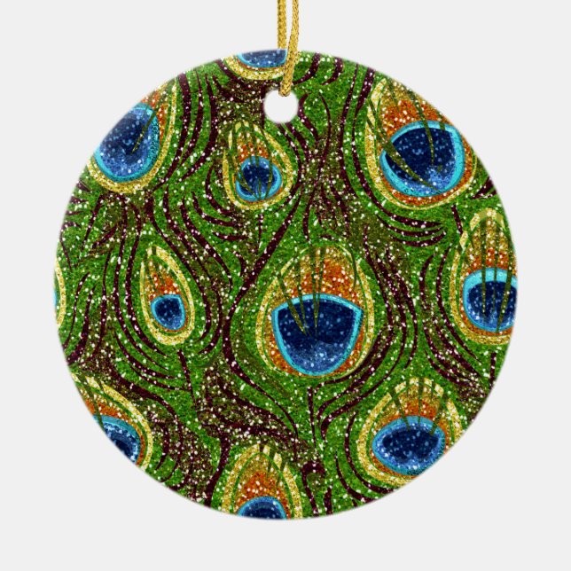 RAB Rockabilly Colorful Peacock Feathers Print Ceramic Ornament (Front)