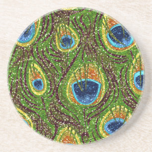 RAB Rockabilly Colorful Peacock Feathers Print Sandstone Coaster