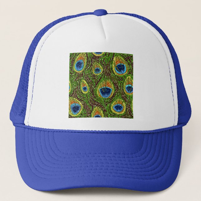RAB Rockabilly Colorful Peacock Feathers Print Trucker Hat (Front)