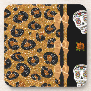 RAB Rockabilly Gold Leopard Print Sugar Skulls Beverage Coaster