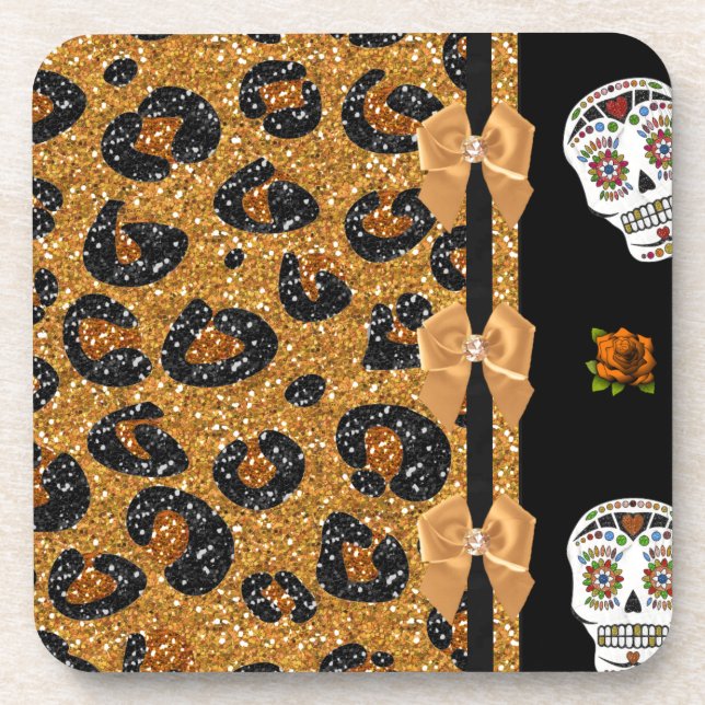RAB Rockabilly Gold Leopard Print Sugar Skulls Beverage Coaster (Front)