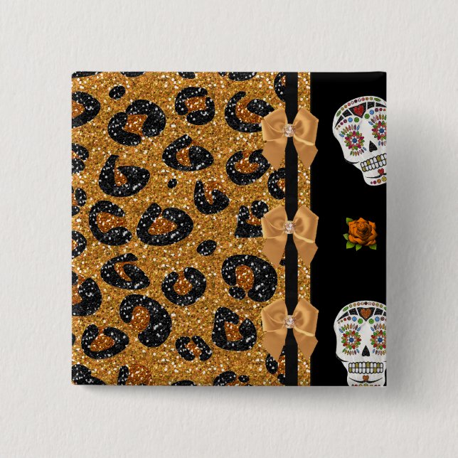 RAB Rockabilly Gold Leopard Print Sugar Skulls Button (Front)