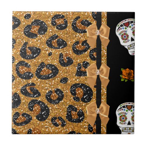 RAB Rockabilly Gold Leopard Print Sugar Skulls Ceramic Tile