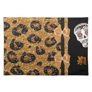 RAB Rockabilly Gold Leopard Print Sugar Skulls Cloth Placemat
