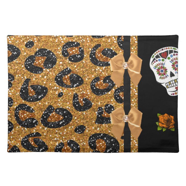 RAB Rockabilly Gold Leopard Print Sugar Skulls Cloth Placemat (Front)