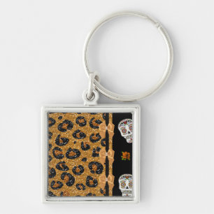 RAB Rockabilly Gold Leopard Print Sugar Skulls Keychain