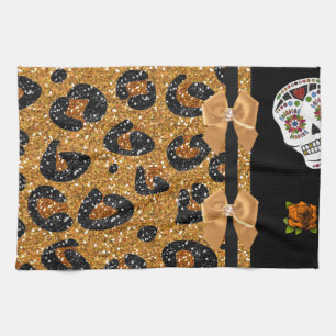 RAB Rockabilly Gold Leopard Print Sugar Skulls Kitchen Towel