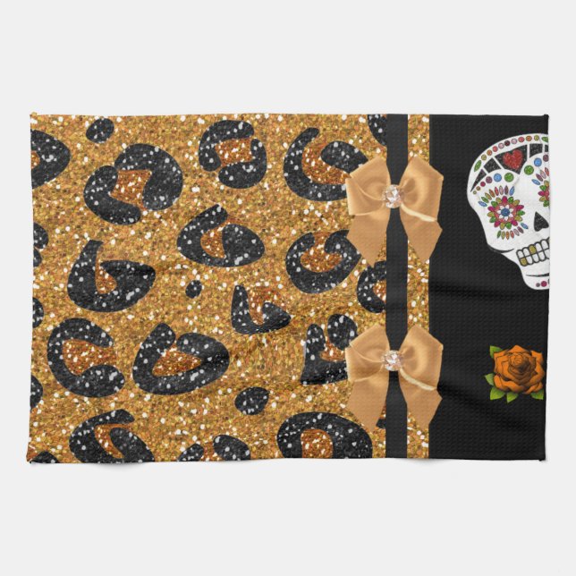 RAB Rockabilly Gold Leopard Print Sugar Skulls Kitchen Towel (Horizontal)