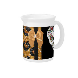 RAB Rockabilly Gold Leopard Print Sugar Skulls Pitcher