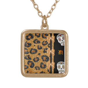 RAB Rockabilly Gold Leopard Print Sugar Skulls Plated Necklace