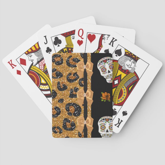 RAB Rockabilly Gold Leopard Print Sugar Skulls Poker Cards (Back)