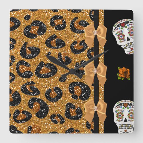 RAB Rockabilly Gold Leopard Print Sugar Skulls Square Wall Clock