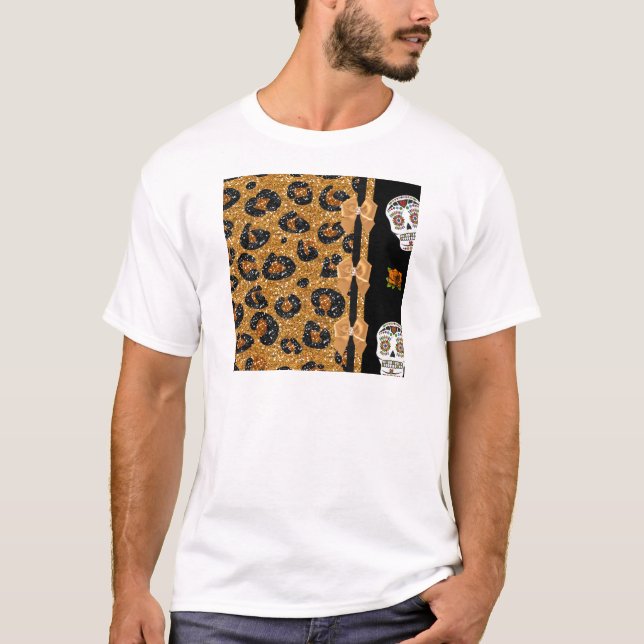 RAB Rockabilly Gold Leopard Print Sugar Skulls T-Shirt (Front)