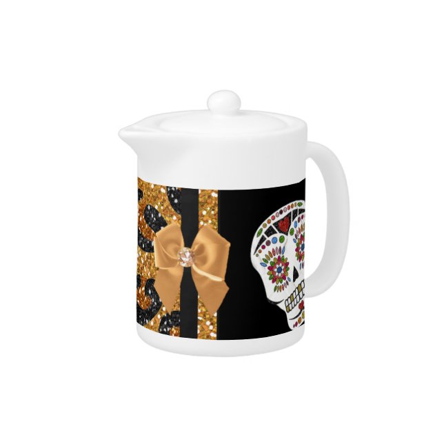 RAB Rockabilly Gold Leopard Print Sugar Skulls Teapot (Right)