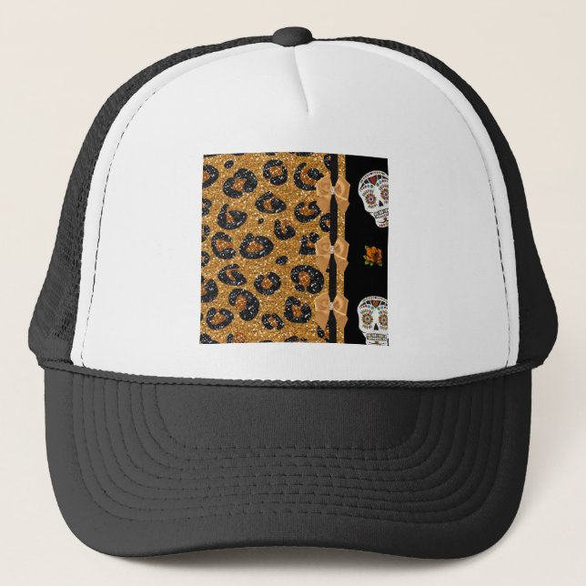 RAB Rockabilly Gold Leopard Print Sugar Skulls Trucker Hat (Front)