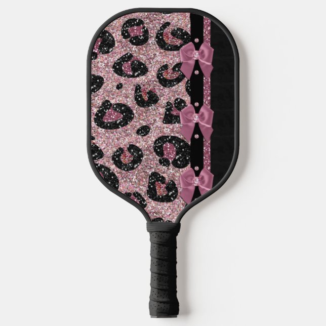 RAB Rockabilly Pink Leopard Print Ribbon Bow Pickleball Paddle (Front)
