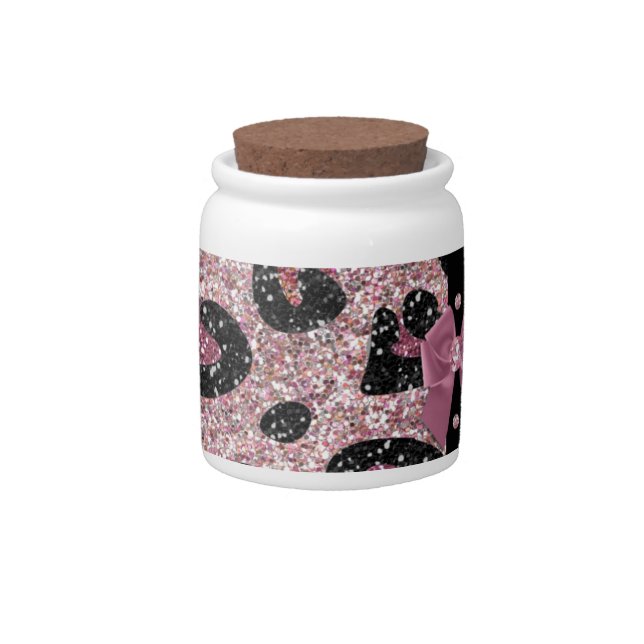 RAB Rockabilly Pink Leopard Print Ribbon Bows Candy Jar (Front)