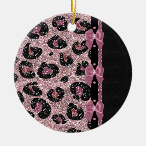RAB Rockabilly Pink Leopard Print Ribbon Bows Ceramic Ornament