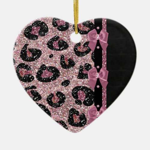 RAB Rockabilly Pink Leopard Print Ribbon Bows Ceramic Ornament