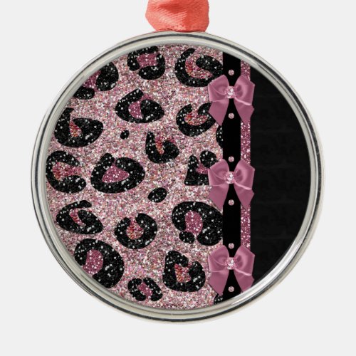 RAB Rockabilly Pink Leopard Print Ribbon Bows Metal Ornament