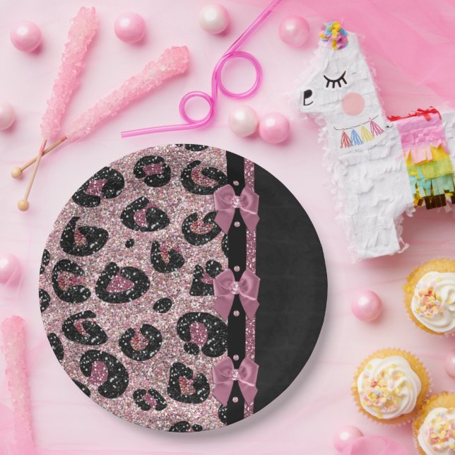 RAB Rockabilly Pink Leopard Print Ribbon Bows Paper Plates (Party)