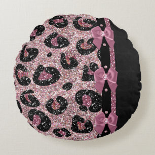 RAB Rockabilly Pink Leopard Print Ribbon Bows Round Pillow