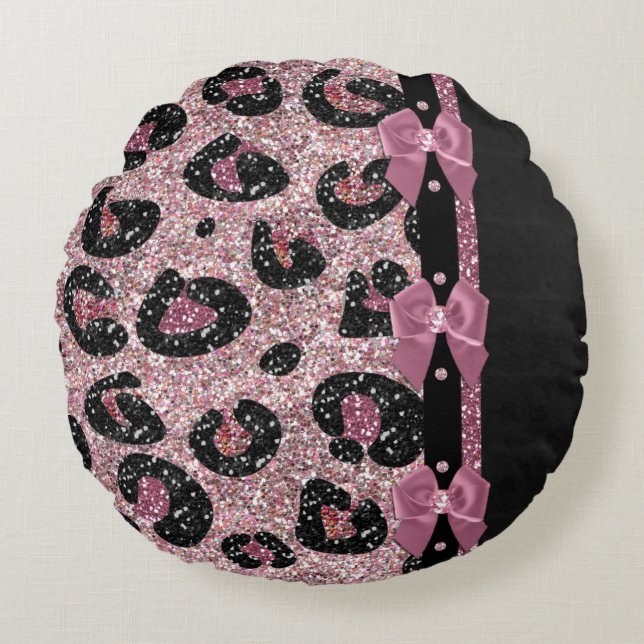 RAB Rockabilly Pink Leopard Print Ribbon Bows Round Pillow (Front)