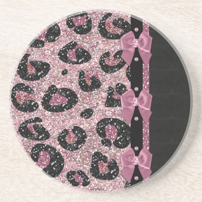 RAB Rockabilly Pink Leopard Print Ribbon Bows Sandstone Coaster (Front)