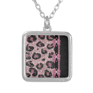 RAB Rockabilly Pink Leopard Print Ribbon Bows Silver Plated Necklace