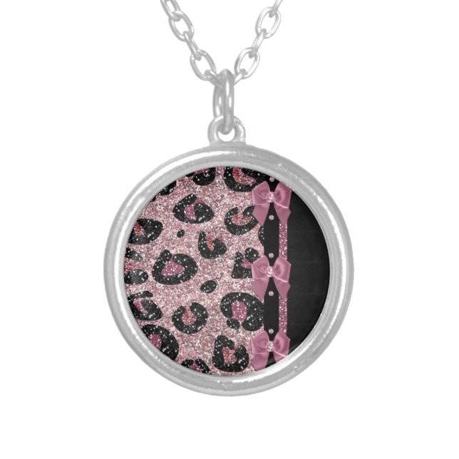 RAB Rockabilly Pink Leopard Print Ribbon Bows Silver Plated Necklace (Front)