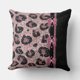RAB Rockabilly Pink Leopard Print Ribbon Bows Throw Pillow