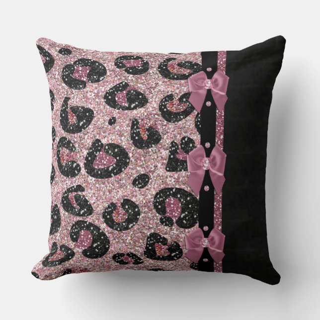 RAB Rockabilly Pink Leopard Print Ribbon Bows Throw Pillow (Front)